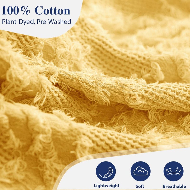 Simple&Opulence 100% Cotton Throw Blanket for Bed, Couch, Boho Textured Geometric Knit Woven Blanket with Tassels Soft, Lightweight Breathable Shabby Chic Farmhouse Decoration for All-Season(Yellow) - Image 2